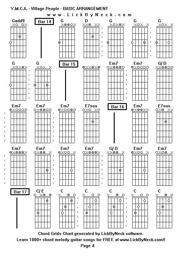 Chord Grids Chart of chord melody fingerstyle guitar song-Y M C A - Village People - BASIC ARRANGEMENT,generated by LickByNeck software.